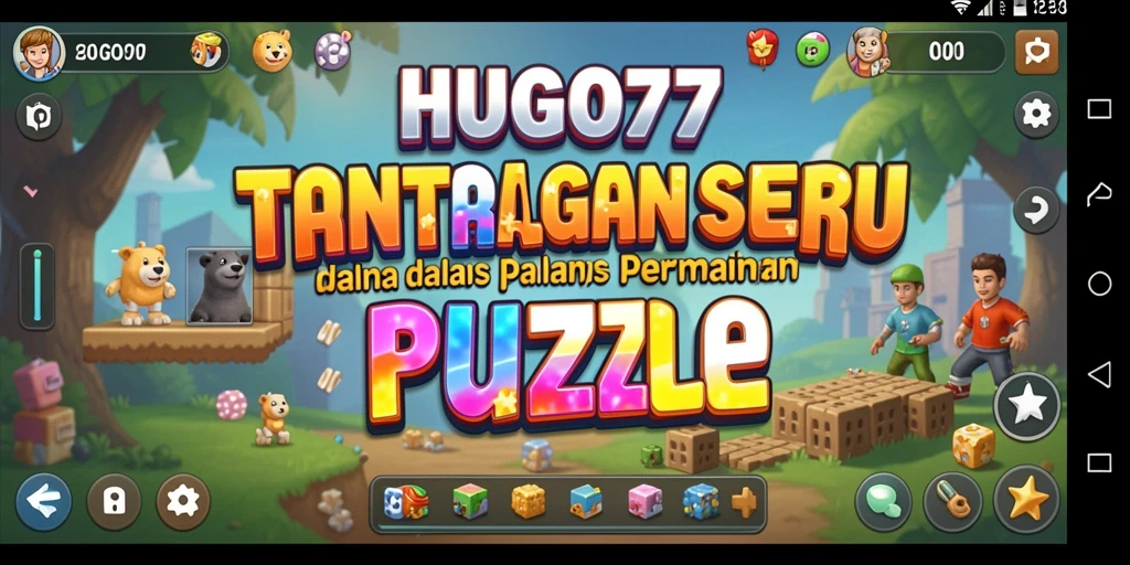 Tangkapan layar utama HUGO77 menampilkan gameplay puzzle yang seru.