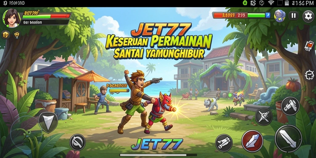 Tampilan gameplay <strong>JET77</strong> yang menarik dengan karakter dan level berwarna-warni.