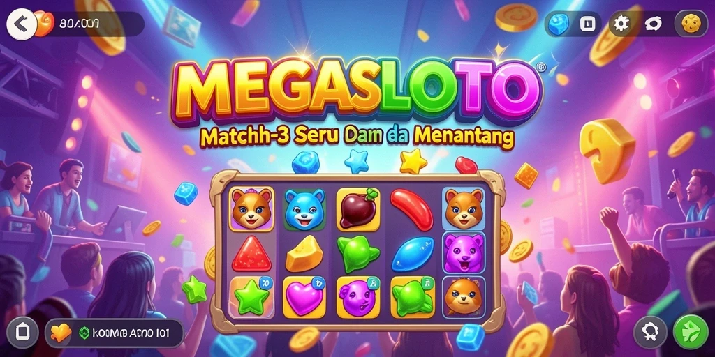 Screenshot gameplay MEGASLOTO yang menunjukkan aksi mencocokkan permata.