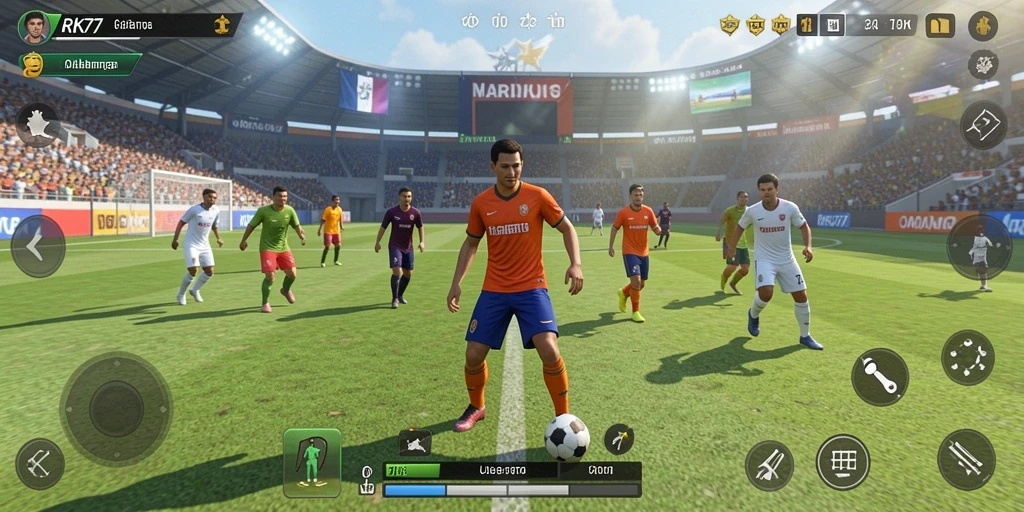 Tampilan gameplay RK77 menampilkan aksi olahraga yang seru dan dinamis.